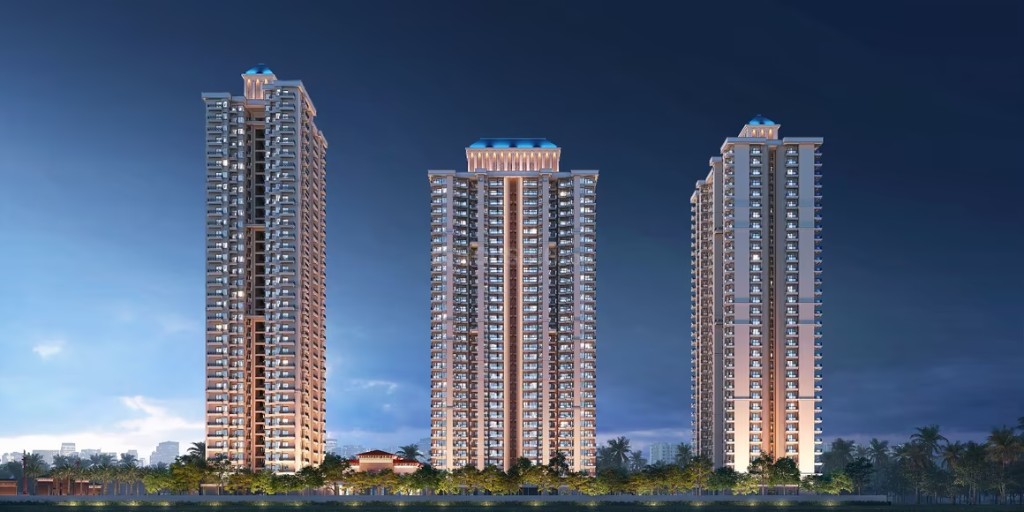 SKA Atlantis — artist's impression of three premium residential towers at twilight, NH-24 Ghaziabad